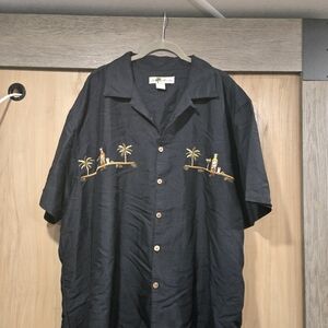 Men's Black Casual Button Down Shirt with Embroidery